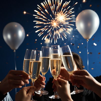 Hands Clinking Champagne Glasses with Fireworks