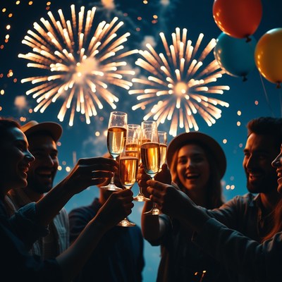 Group toasting champagne with fireworks