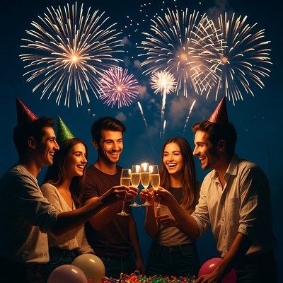 Group toasting champagne under fireworks