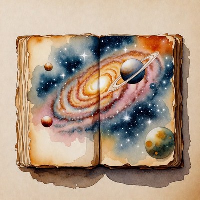 Open book with galaxy and planets