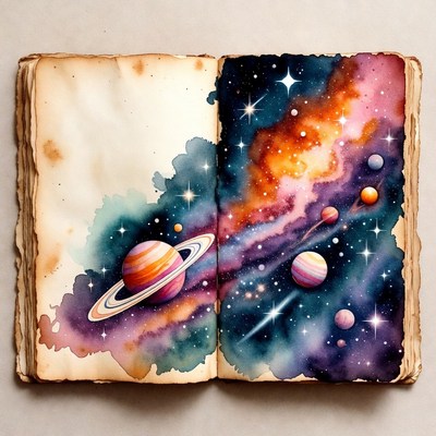 Open book with watercolor galaxy planets