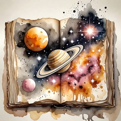 Open book with watercolor planets