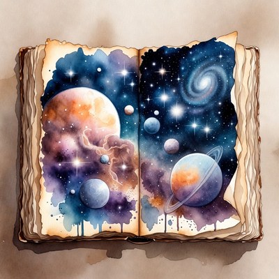Open book with galaxy and planets