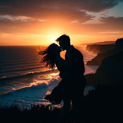 Silhouette couple kissing at sunset cliffs