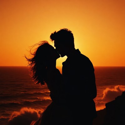 Silhouette couple kissing at sunset