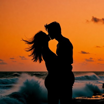 Silhouette couple kissing at sunset beach