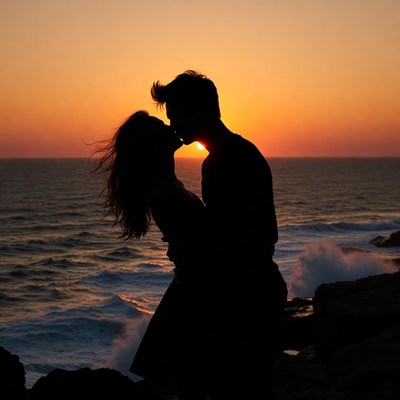 Silhouette couple kissing at sunset beach