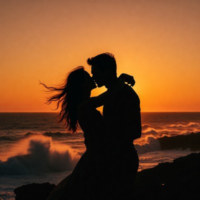 Silhouette couple kissing at sunset beach