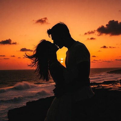 Silhouette couple kissing at sunset beach