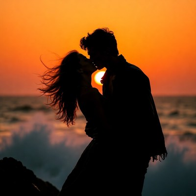 Silhouette couple kissing at sunset beach