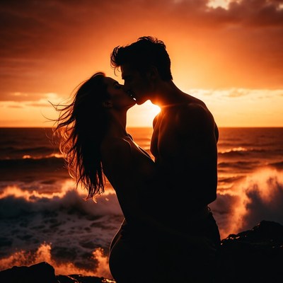 Silhouette couple kissing at sunset beach