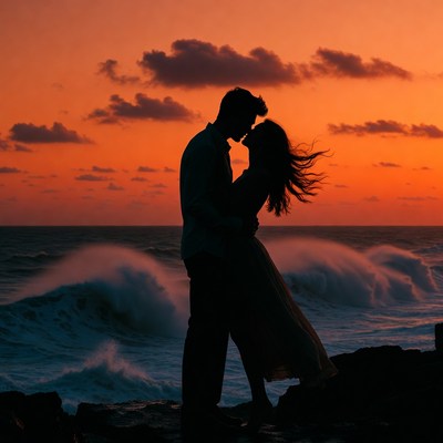 Silhouette couple kissing at sunset beach