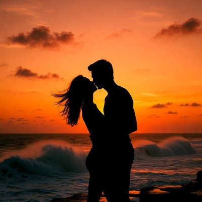Silhouette couple kissing at sunset beach