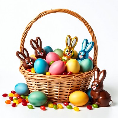Easter Basket with Chocolate Bunnies and Eggs