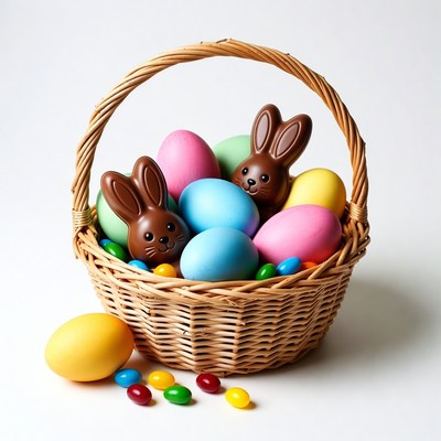 Easter Basket with Chocolate Bunnies and Eggs