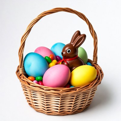 Easter basket with chocolate bunny and eggs