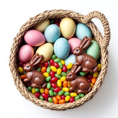 Easter basket with chocolate bunnies and eggs