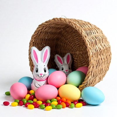Easter basket with chocolate bunnies and eggs