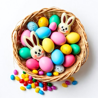Easter Basket with Colored Eggs and Bunny Chicks