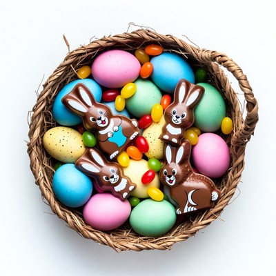 Easter Basket with Chocolate Bunnies and Eggs