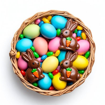 Easter basket with chocolate bunnies eggs