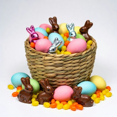 Easter Basket with Colored Eggs and Bunnies