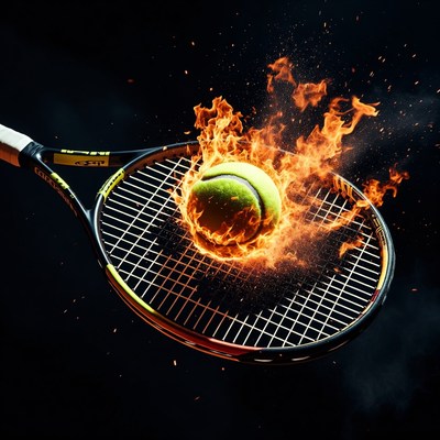 Tennis racket hitting fiery ball