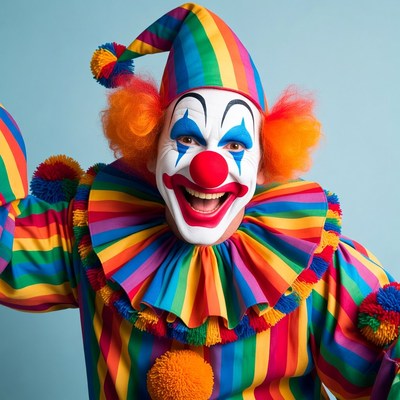 Smiling Clown Waving on Blue Background