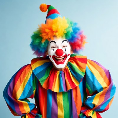 Clown smiling with rainbow outfit