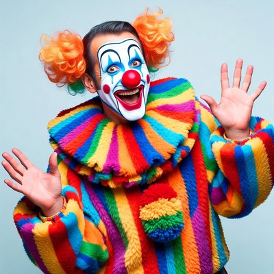 Male clown with orange hair smiling