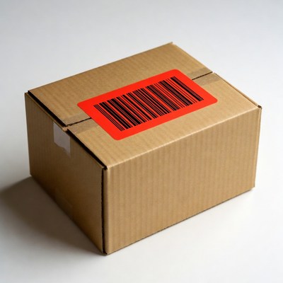 Cardboard box with red barcode label