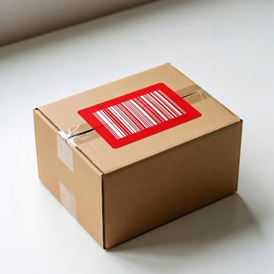 Cardboard box with red barcode label