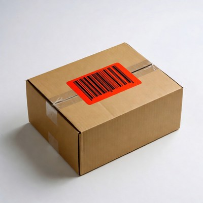 Cardboard box with red barcode label
