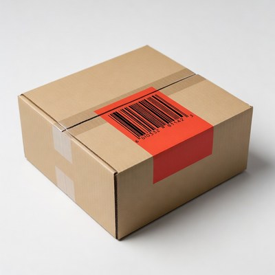 Cardboard box with red barcode label