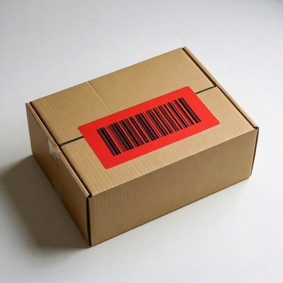 Cardboard Box with Red Barcode Label
