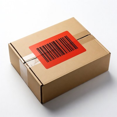 Cardboard box with red barcode label