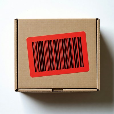 Cardboard box with red barcode label