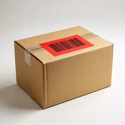 Cardboard box with red barcode label