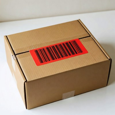 Cardboard box with red barcode label