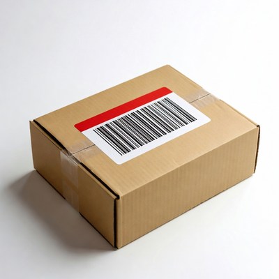 Cardboard box with barcode label