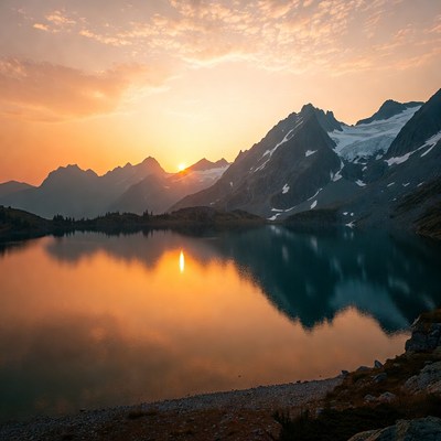 Sunrise over snowy mountain lake