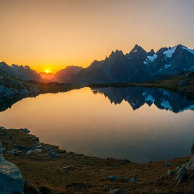 Sunset over alpine lake with mountains