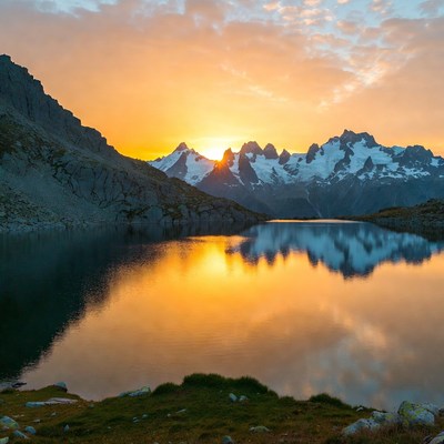 Sunrise over snowy mountains and lake
