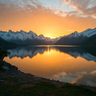 Sunset over snowy mountains and lake