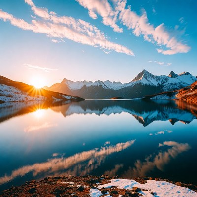 Snowy Mountains Reflecting in Lake at Sunrise