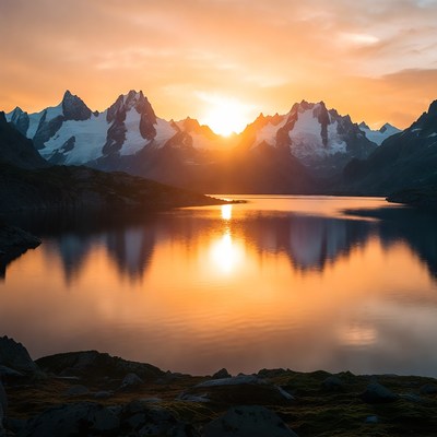 Sunset over mountains reflecting in lake