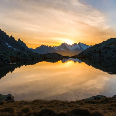 Sunset over Mountain Lake Reflection