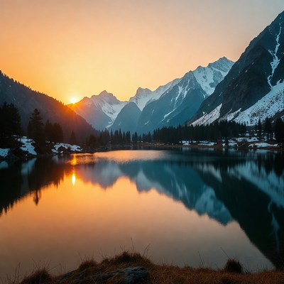 Sunset over snowy mountains and lake