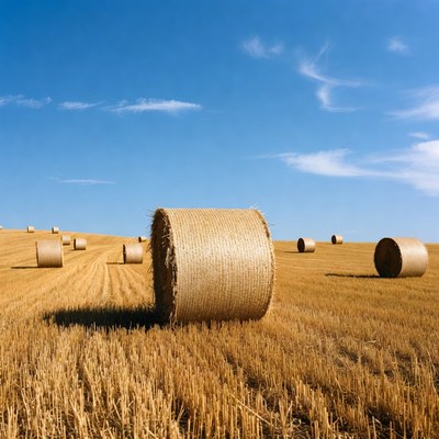 Hay bales in golden wheat field