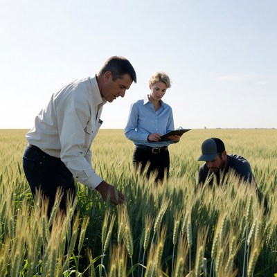 Farmers inspecting wheat field